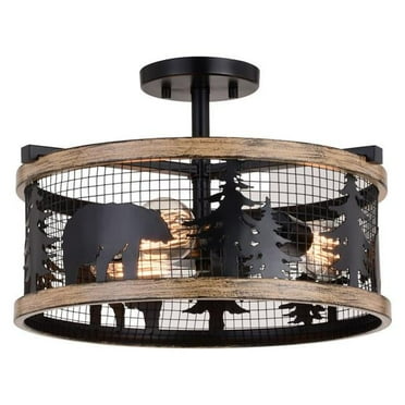 16 in. Kodiak 3 Light Semi-Flush Ceiling Light, Black & Burnished Teak