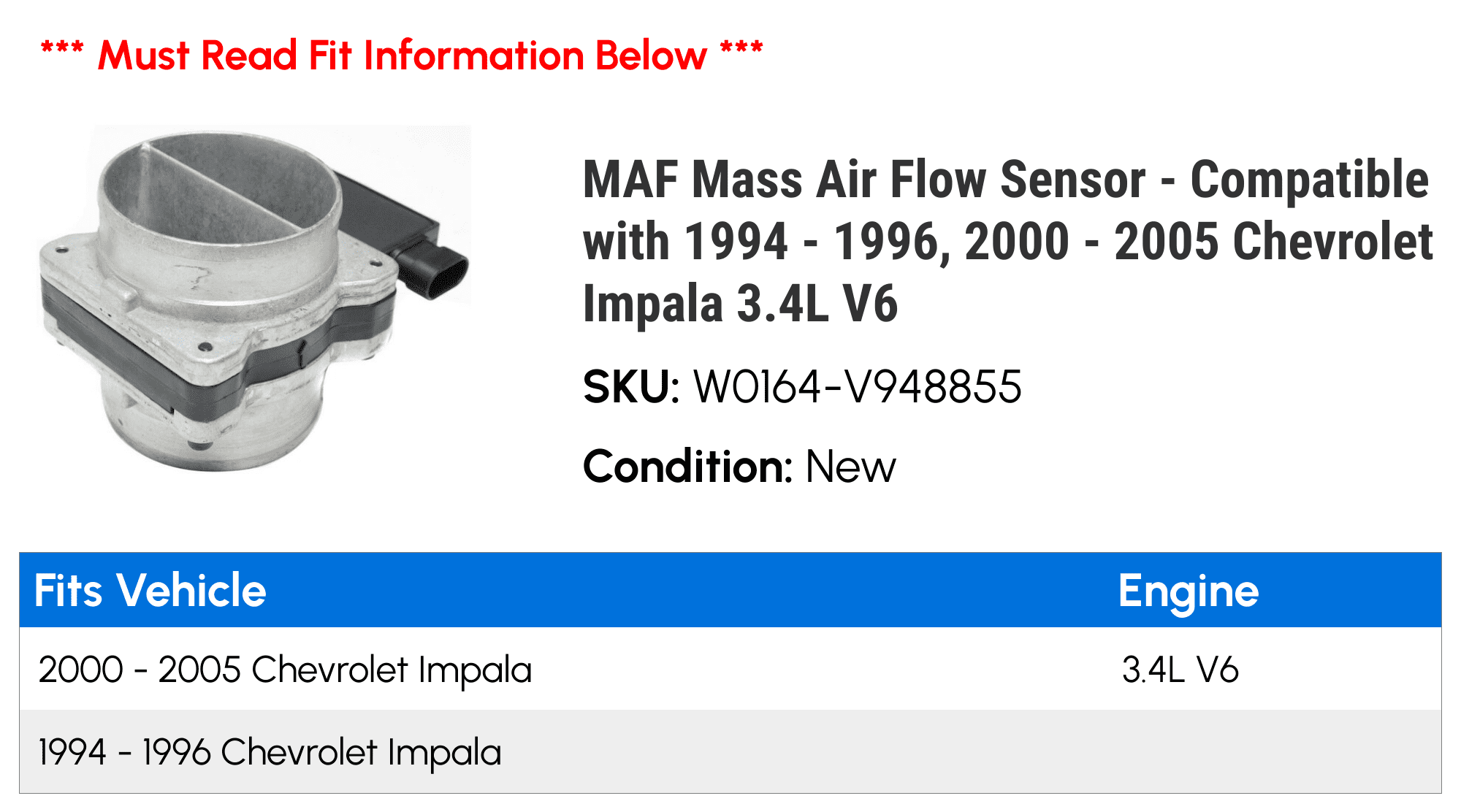 MAF Mass Air Flow Sensor - Compatible with 1994 - 1996, 2000 - 2005 Chevy Impala 3.4L V6 1995 2001 2002 2003 2004