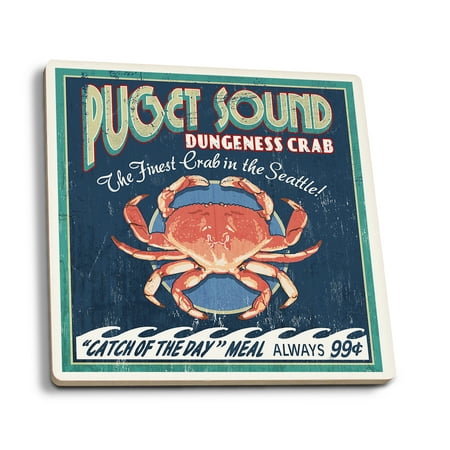 Seattle, Washington - Dungeness Crab Vintage Sign - Lantern Press Artwork (Set of 4 Ceramic Coasters - Cork-backed,