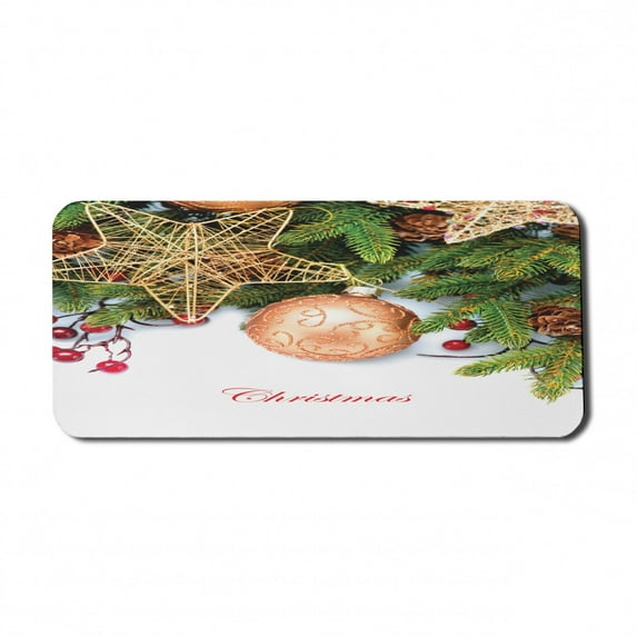 Christmas Computer Mouse Pad, Holly Berries Tree Topper Baubles Vintage Seasonal Ornaments Pine Image, Rectangle Non-Slip Rubber Mousepad X-Large, 35" x 15", Umber Ruby Emerald, by Ambesonne