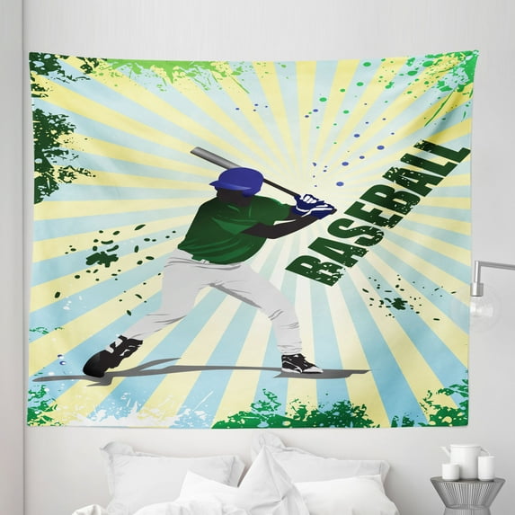 Green Tapestry, Grunge Softball Batter Gear Athlete Competition Action Retro Illustration, Fabric Wall Hanging Decor for Bedroom Living Room Dorm, 5 Sizes, Green Yellow, by Ambesonne