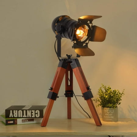 

Decoluce Industrial Tripod Floor Table Lamp Vintage Wood Cinema Searchlight Standing Lighting Fixtures Nautical Spotlight Decorations-Not Include E26 Bulbs (Cinema)