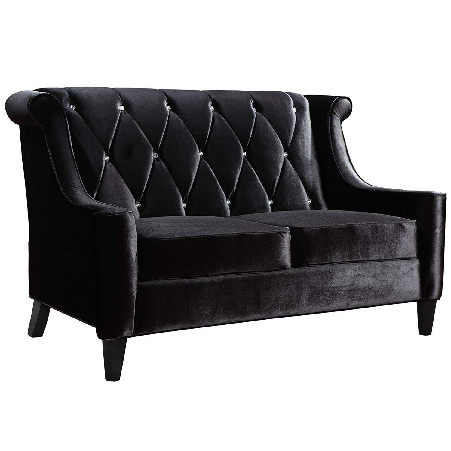 Armen Living Barrister Loveseat, Black Velvet with Crystal Buttons