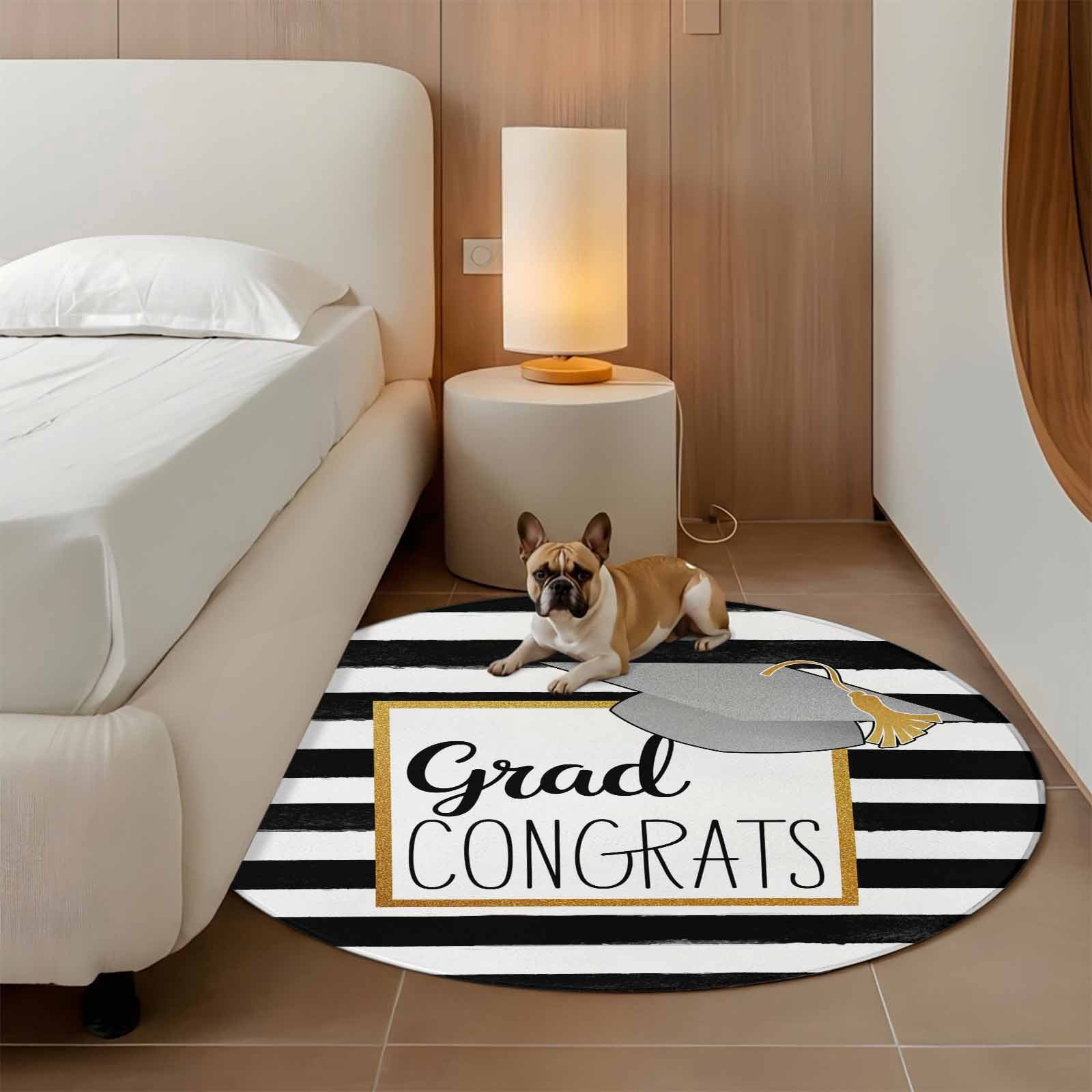 Graduation Top Hat Round Living Room Rugs 6 ft, White Black Striped Abstract Art Washable Area Rug with Non-Slip Sturdy Edge Binding Round Carpet for Kitchen Office Bedroom