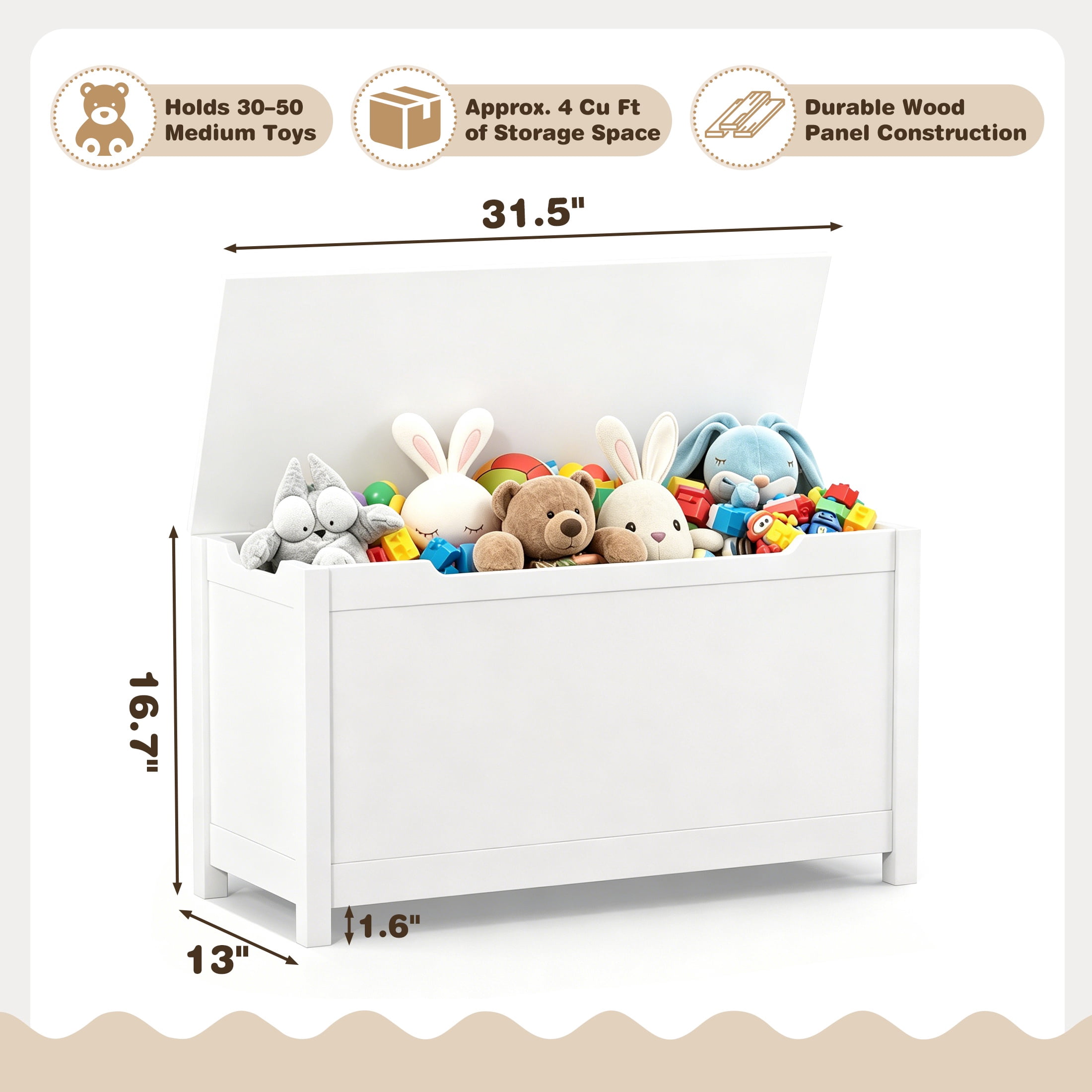 Large Toy Box with Lid, SESSLIFE Wooden Toy Chest and Seating Bench for Boys Girls, Safety Hinged Toy Storage Box, Toy Organizer for Playroom, Bedroom, Nursery, White