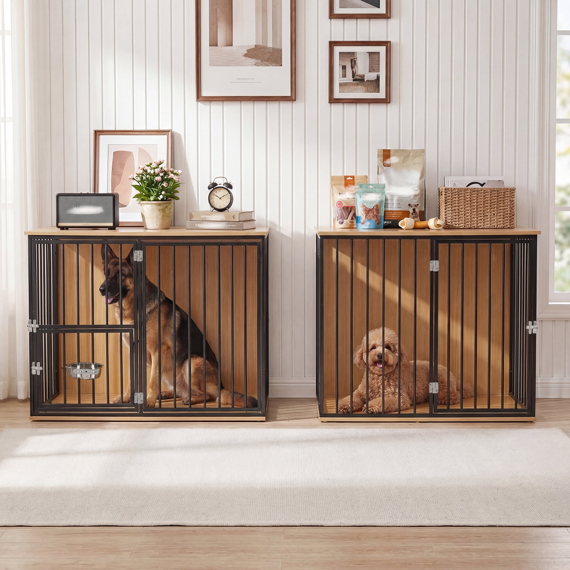 TPHORK Dog Crate Furniture for 2 Dogs, Corner Heavy Duty Double Dog Kennel Furniture with Divider, Indoor Wooden Dogs Crate Large Breed, Black