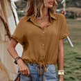 thumbnail image 5 of Women Summer Tops Women's Summer New Solid Color Button Up Cardigan With Tie Up Short Sleeves Womens Tops Casual Fit Stretch T Shirt Women Athletic Shirts Shorts Colorful Undershirts Ladies Brown L, 5 of 5