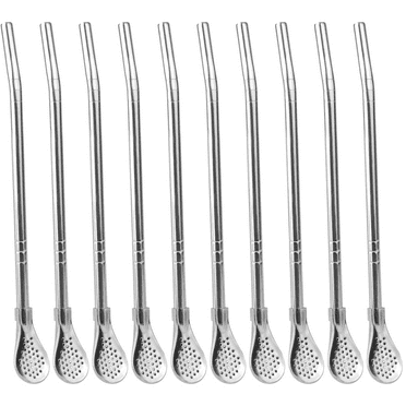 ZPARNO Yerba Mate Bombilla Straws, 10Pcs Stainless Steel Reusable Spoon Straws, Reusable Tea Coffee Cocktail Drinking Stirring Spoon Head Filter Straws, Silver