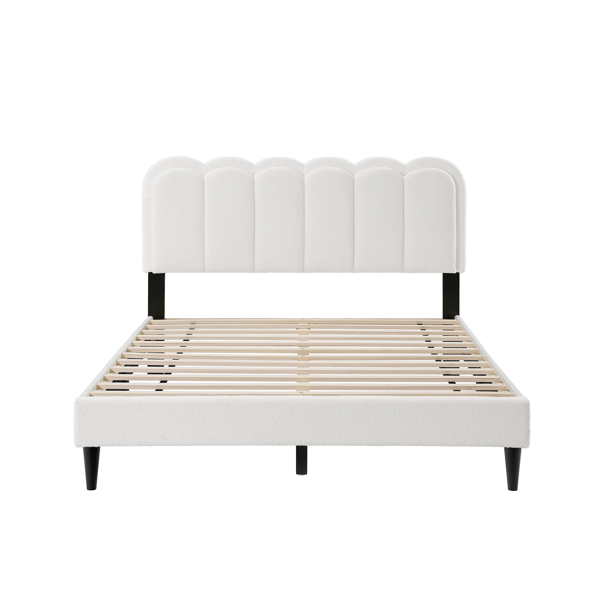 Mintazer Queen Size Upholstered Platform Bed Frame with Scalloped Tufted Headboard and LED Light, Boucle Bed for Bedroom, No Box Spring Needed, White