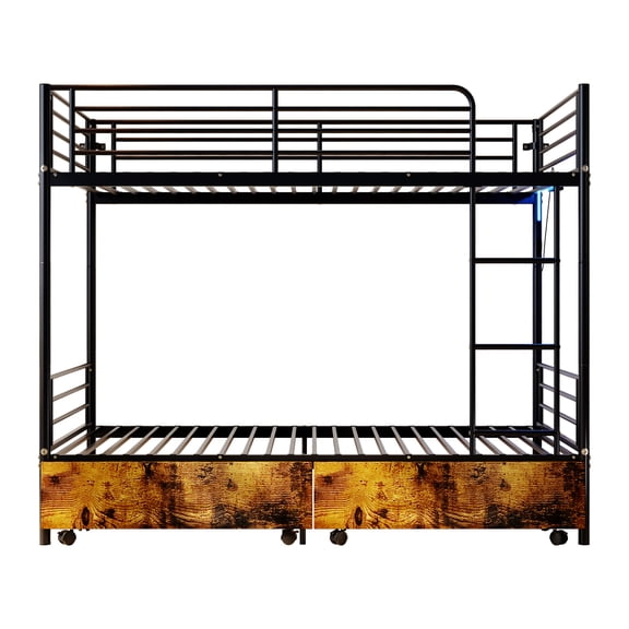 Miniyam Twin Over Twin Metal Bunk Bed with Storage Drawers, Convertible Bunk Bed with Guardrails, Ladder, Black