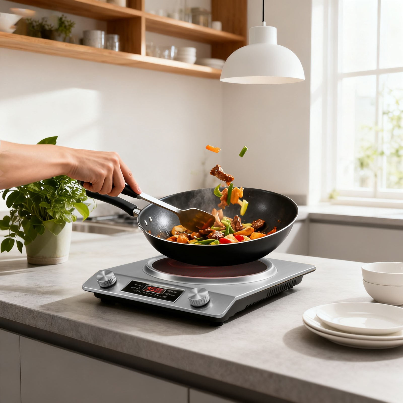 3500W Commercial Induction Cooktop - Portable Multifunctional Design with LCD Display, Knob Control, 10 Temp Settings & Concave Coil for Home/Restaurant/Food Truck,Silver