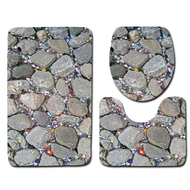 Worallymy 3 uds/1 Juego de alfombras de baño con estampado de piedra 3D alfombrilla de baño antideslizante felpudos decoración cubierta de asiento de inodoro alfombra Worallymy JD735801583