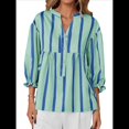thumbnail image 2 of Blusa de Verano A Rayas con Cuello en V y Mangas Abullonadas para Mujer, Estilo Babydoll, Holgada e Informal Verde L, 2 of 9