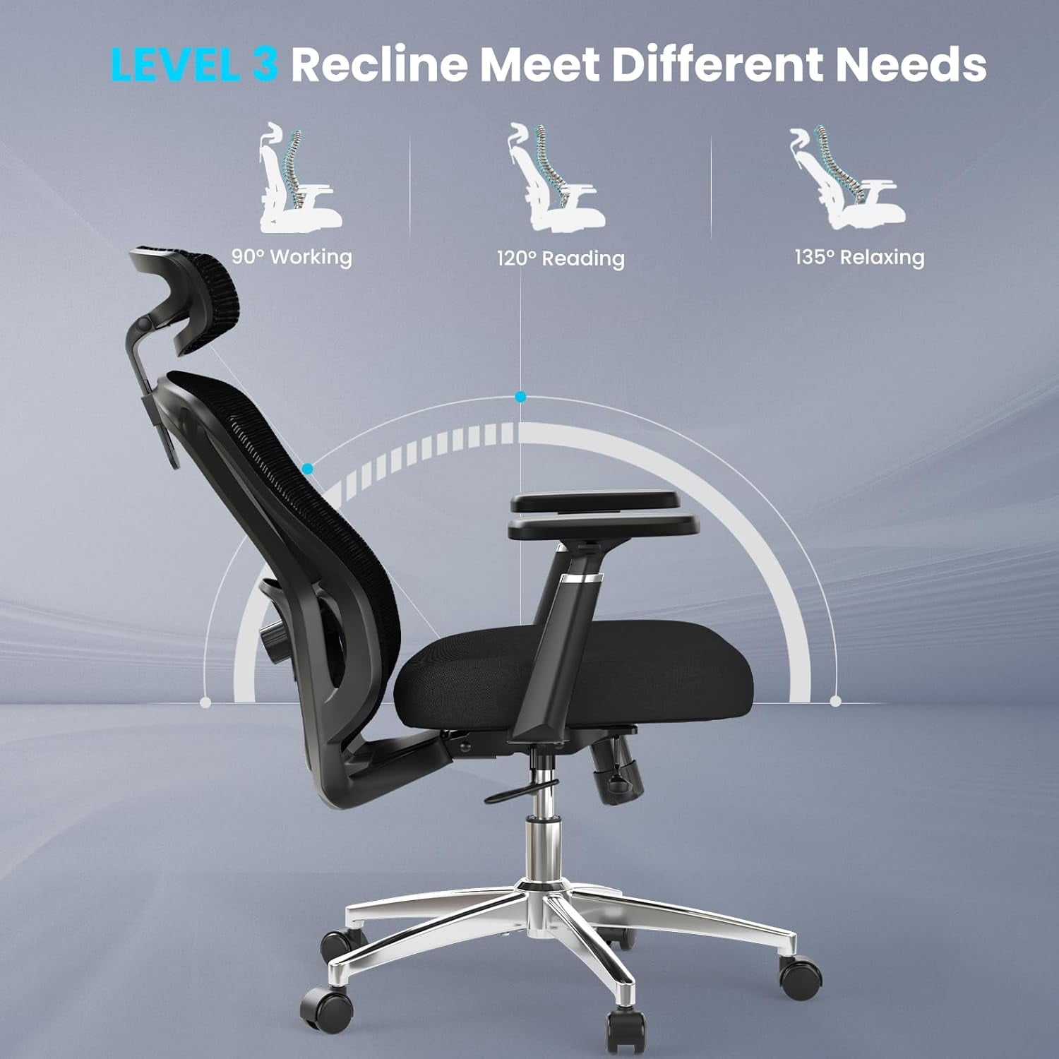 STARY High-Back Ergonomic Office Chair, Computer Desk Chair with Adjustable Seat Depth, 3D Armrests & Headrest, for Home or Office Use, Black