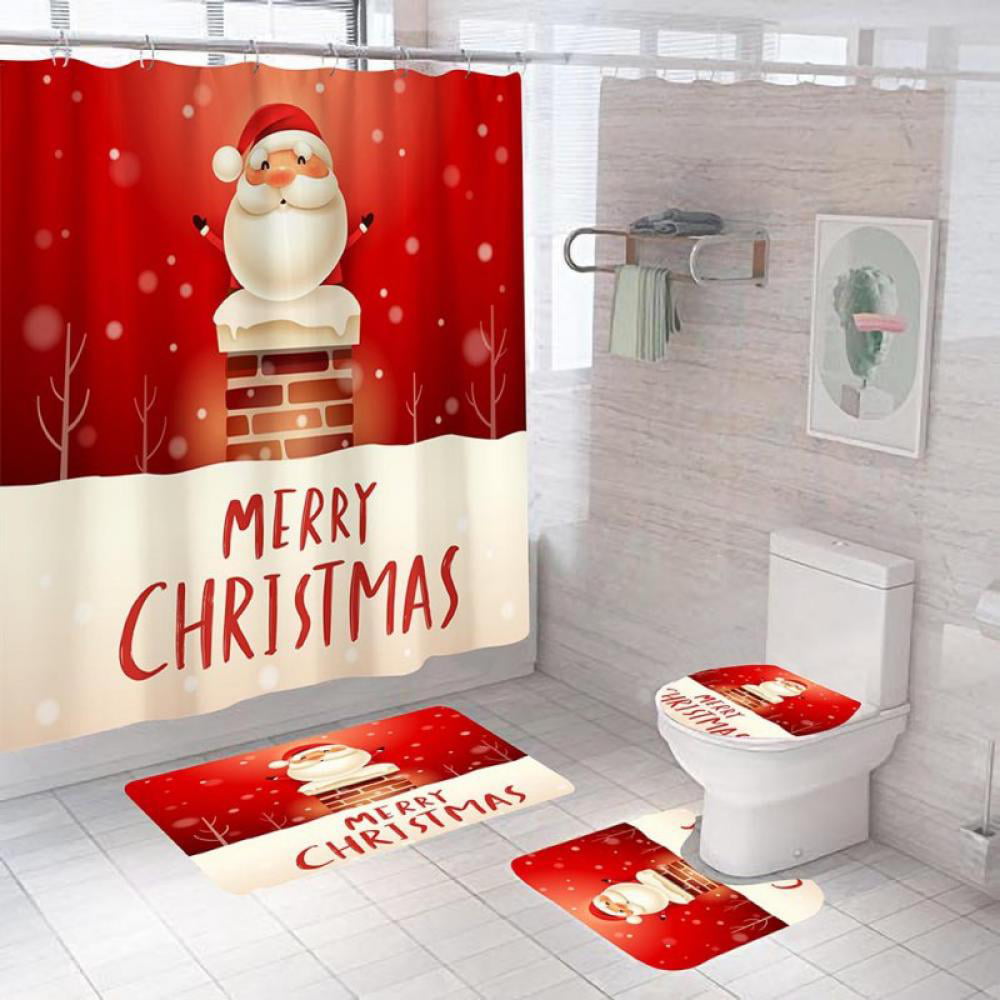 Cute Santa Claus Merry Christmas Shower Curtain Bathroom Decor & 12hooks 71*71in 