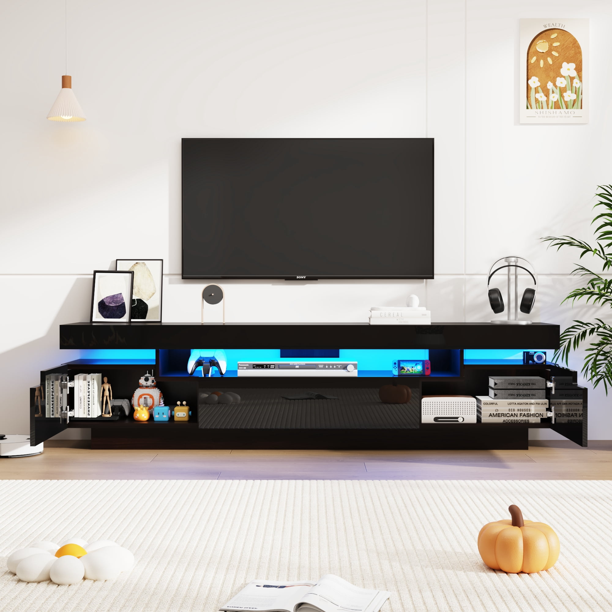 ChVans 70.9" Large LED TV Stand for 70/75/85" TV, Black High Gloss Entertainment Center w/LED Lights & Storage Drawers Furniture, Living Room TV Cabinet Console Table, Black-70.9"