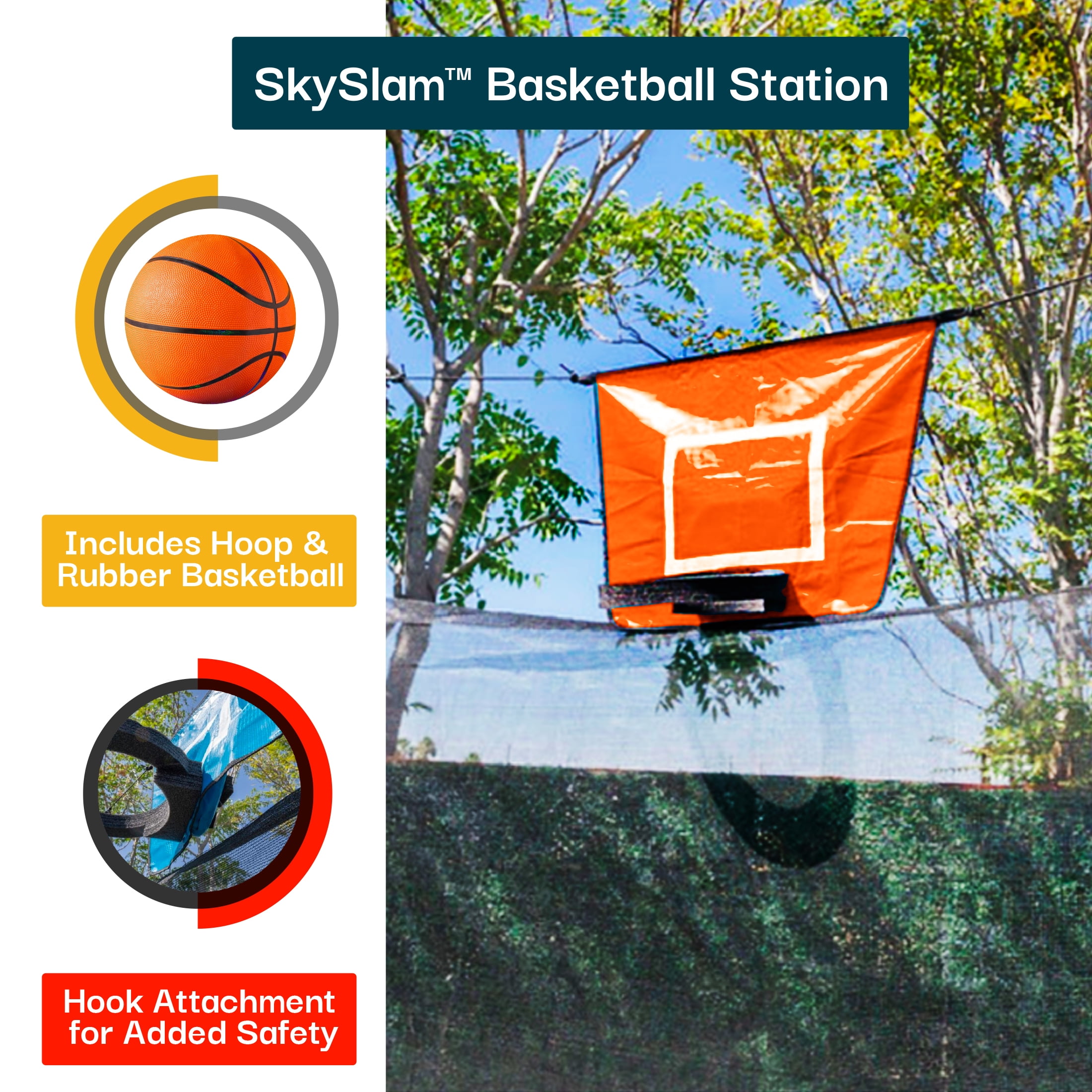 Sportspower Bounce Pro 14ft Multiplay Trampoline Meets ASTM Safety Standards, Heavy-Duty Rust-Resistant Painted Steel Frame, Safety Net, Basketball, Electronic Target Game & Flashing Lights