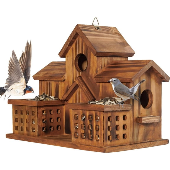 MIXUMON Bird Houses for Outside with Bird Feeder, Outdoor 3 Hole Bird House Room for 3 Bird Families Bluebird Finch Cardinals Hanging Birdhouse for Garden