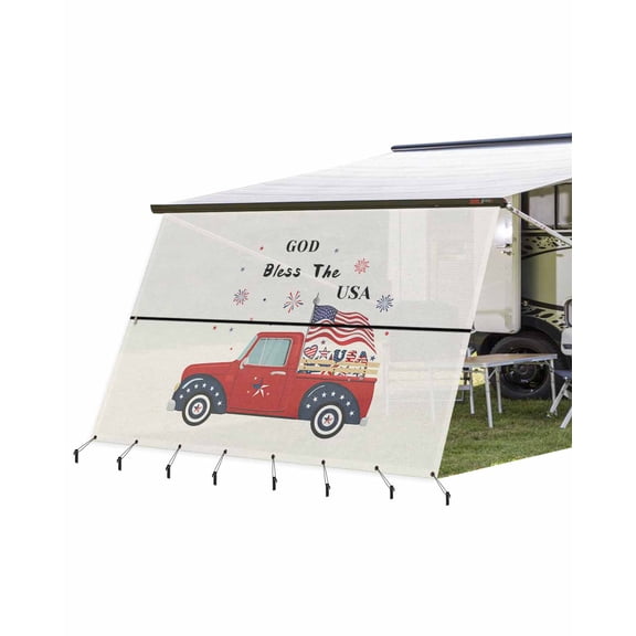 4th of July RV Awning Sun Shade Screen 9'X15.3' Farm Truck and American Flag Mesh Sunscreen Striped Star Love Heart Awning Shade Screen with Zipper UV Blocker Completed Kits for RV Motorhome Camper