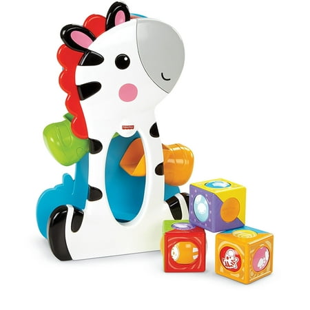 Fisher-Price Roller Blocks Tumblin' Zebra, Drop the roller blocks through the opening to make the zebra’s hands wave up and down! By FisherPrice