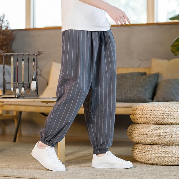 HOMADLES Mens Jogger Pants Linen Elastic Pants Men Stretch Striped with Drawstring, Jogger Pants Dark Gray XL