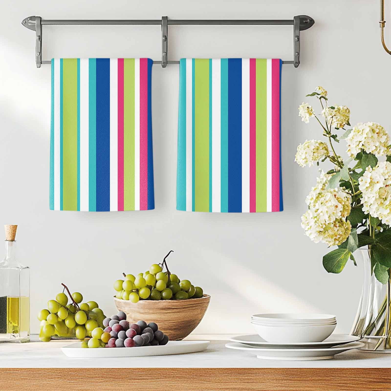 Dish Towels, Pink Blue Green Stripes Absorbent Kitchen Towels 2 PCS, Vertical Striped Lines Microfiber Hand Towels Dish Cloths Tea Towels for Home&nbsp;Bathroom Cleaning Drying,18X28-Inch,