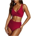 thumbnail image 1 of Ensemble de Maillot de Bain pour Femmes, Taille Haute Col en V Style Bandage Ajusté Design Froncé Deux Pièces, Vert Militaire, Longueur Régulière, Polyester, 1 of 6