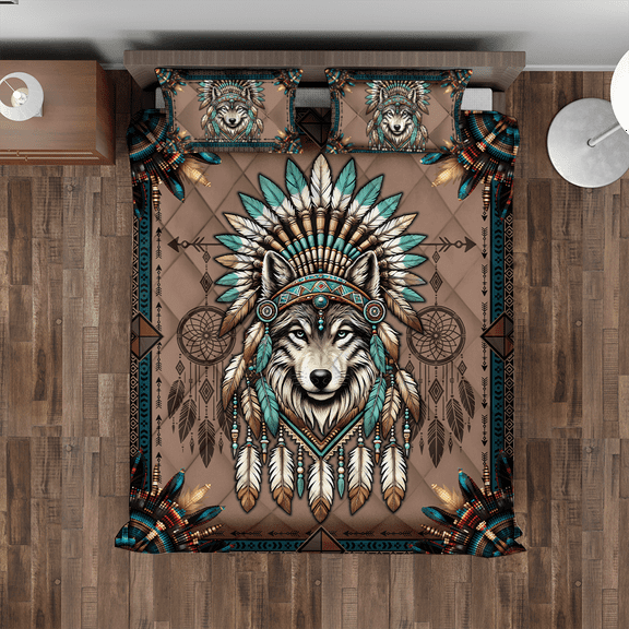 Lotusprinthandmade Proud Wolf Native America Quilt Bedding Set (Fold Hem) 5 Sizes (Made in Vietnam) (55x60), Wolf-Themed Quilt Bedding
