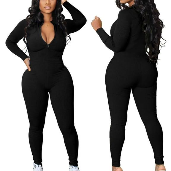 GERsome Women Yoga Jumpsuits Workout Ribbed Long Sleeve Zip Front Sport Jumpsuits