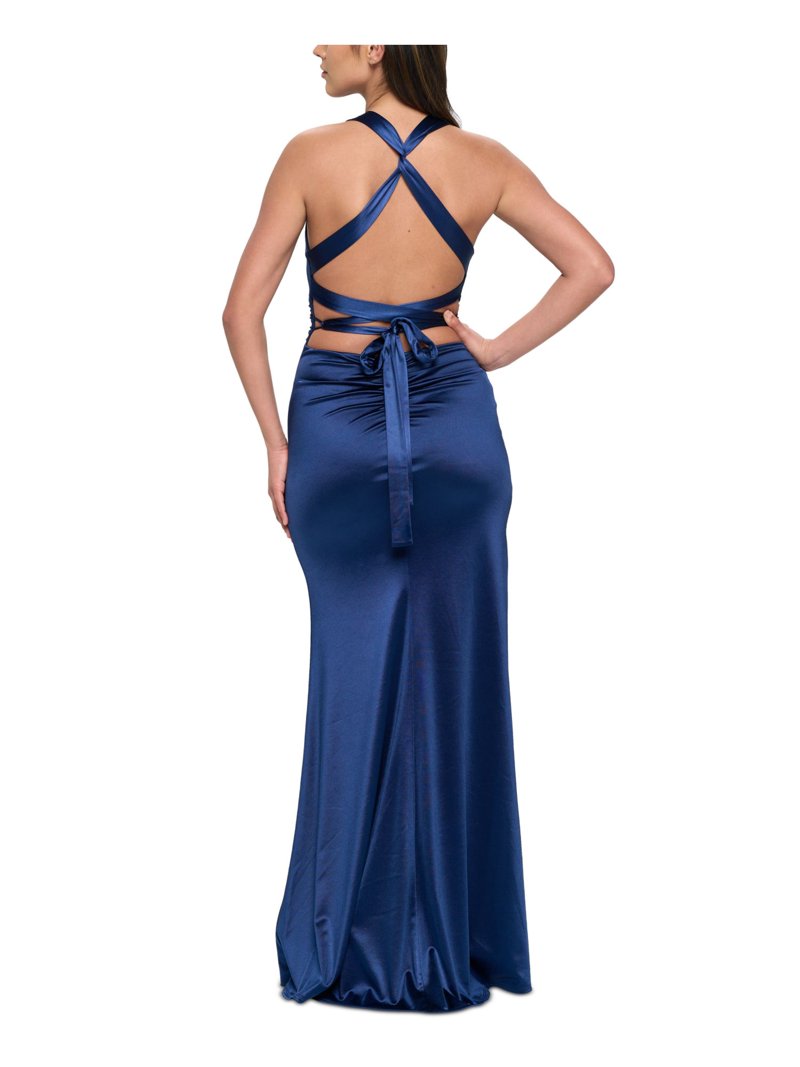 B DARLIN Womens Navy Stretch Zippered Slitted Satin Tie Crisscross Straps  Sleeveless V Neck Full-Length Prom Gown Dress Juniors 15\16 - Walmart.com
