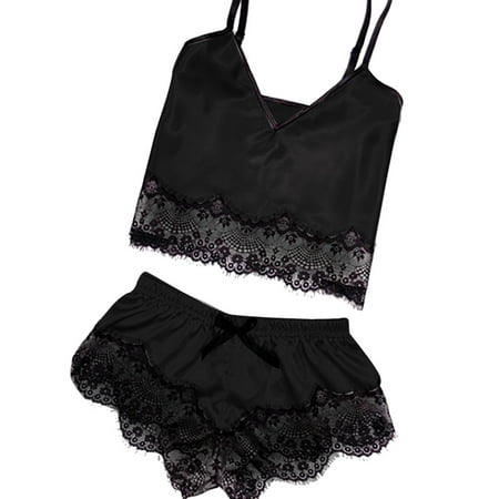 

dtydtpe pajamas for women womens satin sling sleepwear lingerie lace bowknot nightdress underwear black