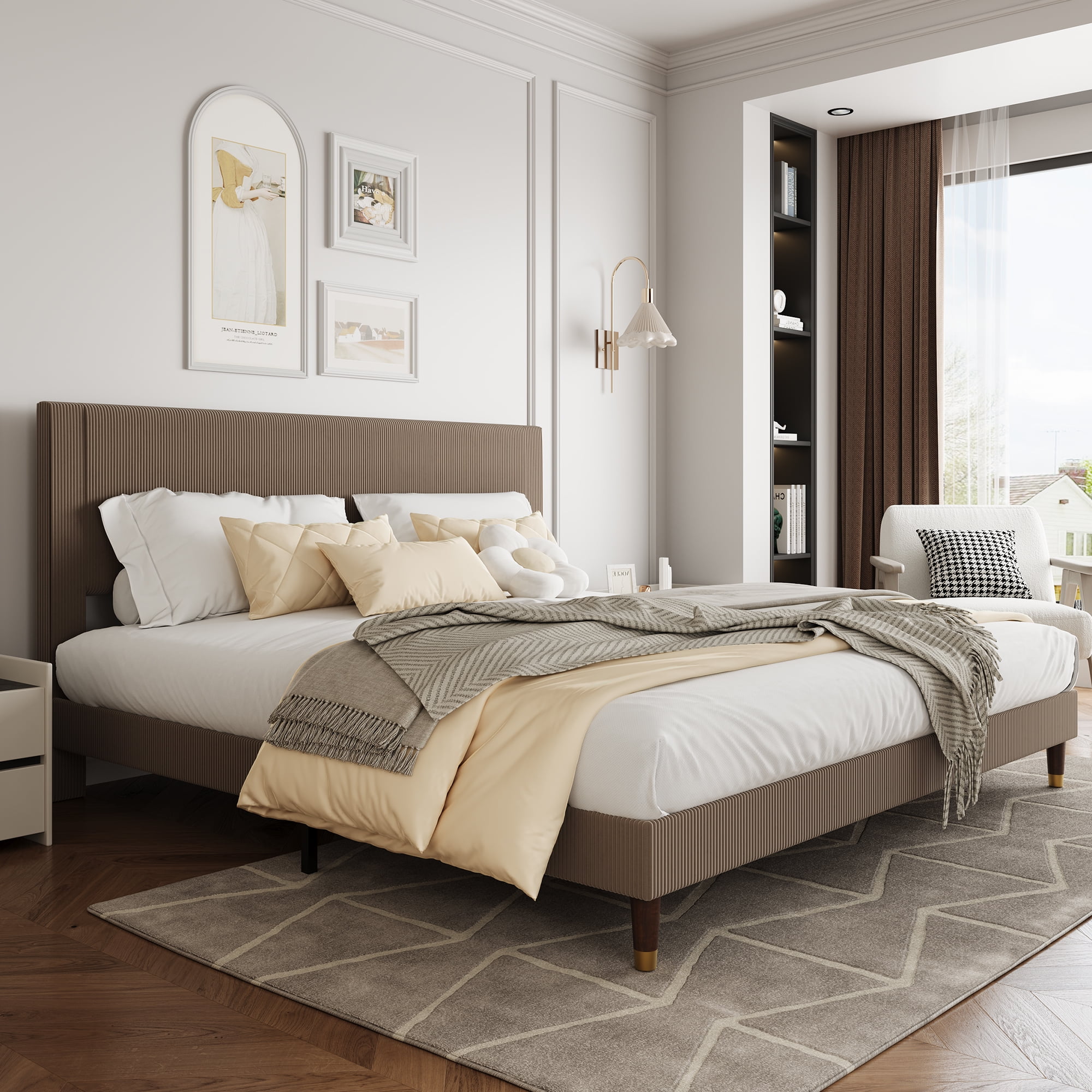 Corduroy Upholstered Platform Bed Frame with Headboard - Noise-Free, Wood Slat Support, Low Profile, King Size, Easy Assembly
