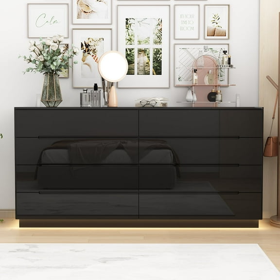 WIAWG High Gloss Dresser with Lights, Modern Glossy 8 Drawer Dresser with Curved Edge for Bedroom Black