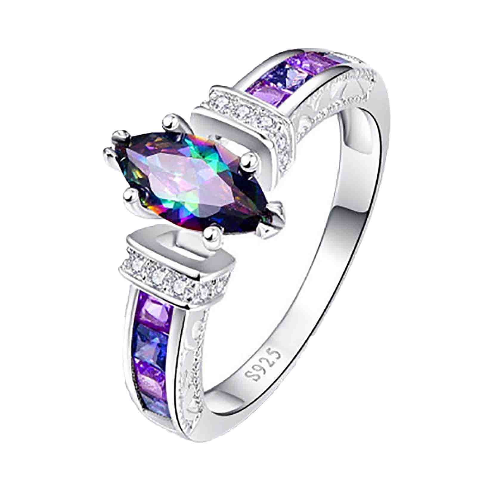Luxury Princess Cut Rainbow Topaz Promise Wedding Ring 925 Silver Women NEW 
