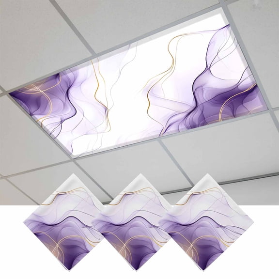 Marble Purple Magnetic Fluorescent Light Covers for Ceiling Lights 2x4Ft,Gold White Modern Gradient Ocean Ripple Office Classroom Kitchen Drop Ceiling Light Covers Lighting Filters Shade Panel 3Packs