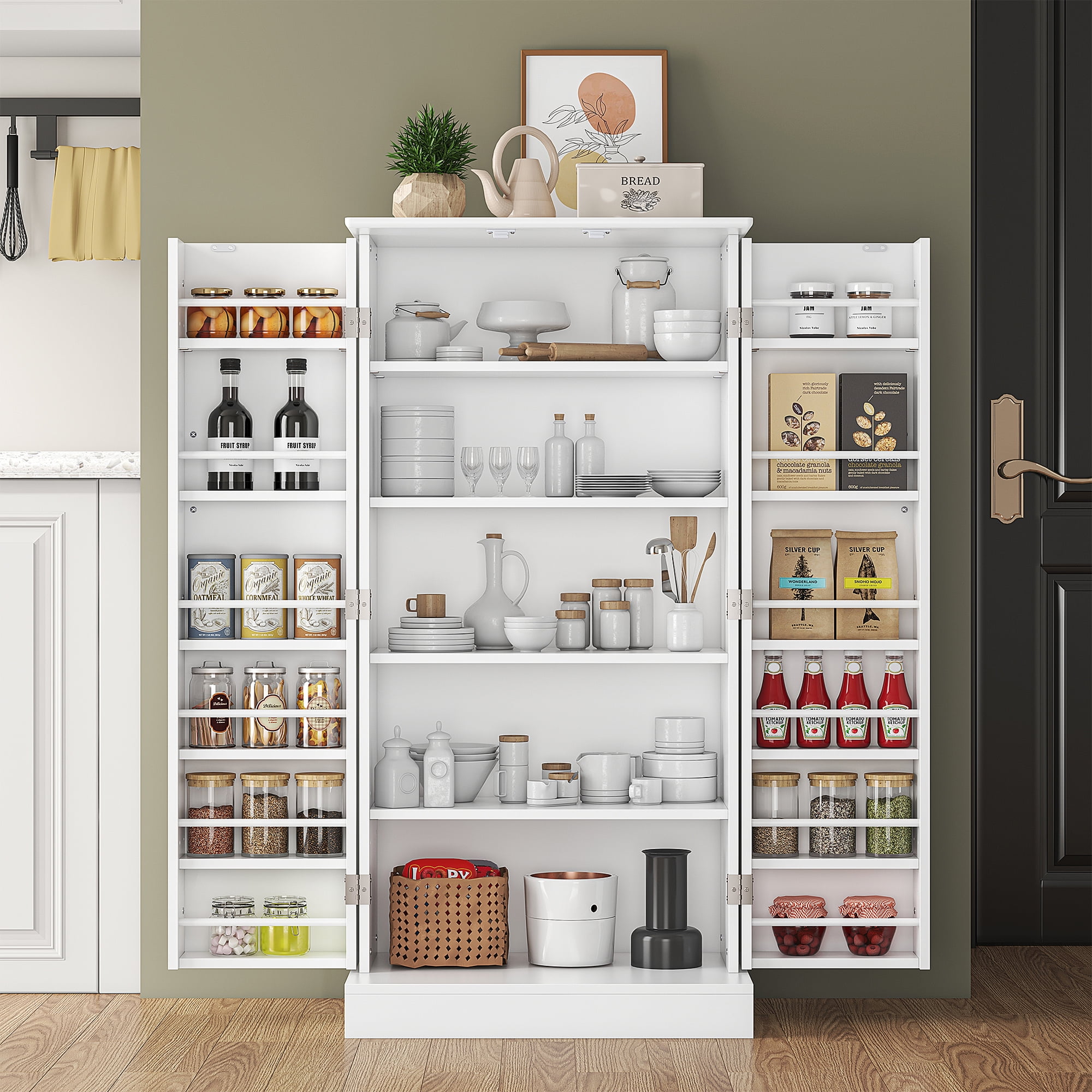 Casendy Pantry Cabinet with 2 Doors and 16 Shelves, Modern Kitchen Storage Cabinet with Adjustable Shelves, Kitchen Storage Cupboard for Dining Room, Living Room, White