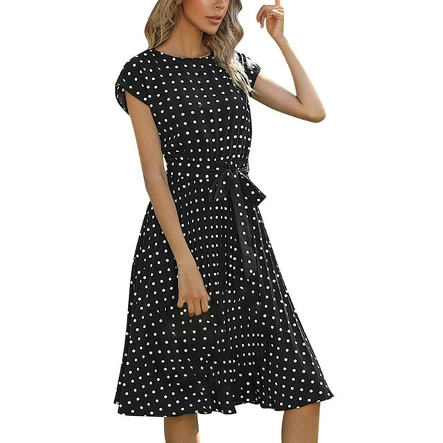 WILLBEST Vestido Largo Informal Fluido con Cinturón y Estampado de Lunares para Mujer, Ideal para Vacaciones Diarias, Primavera, Verano y Otoño. Grande