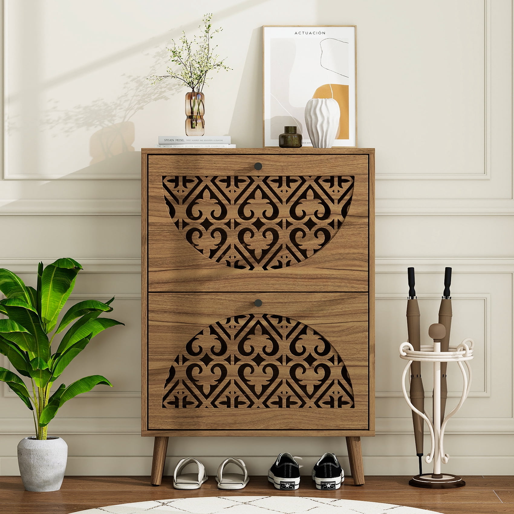 Japandi Narrow Shoe Cabinet with 2 Flip Drawers and Carved Floral Pattern, Wooden Shoe Storage Organizer for Entryway and Hallway, Walnut Brown