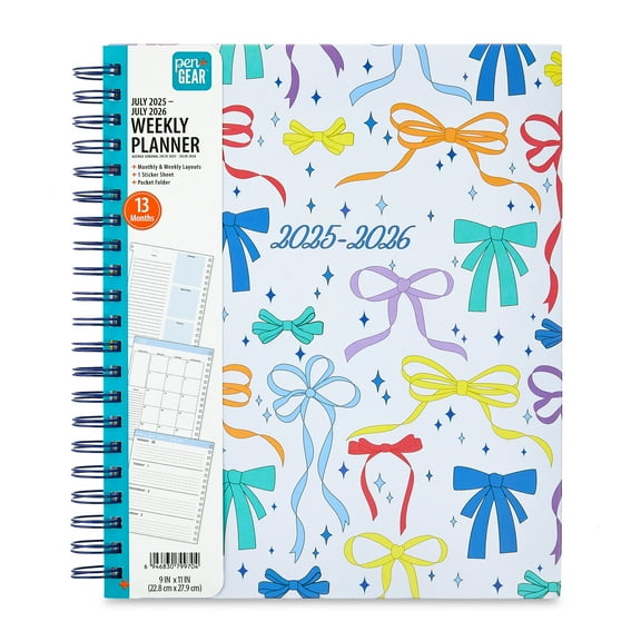 Pen+Gear 13-Month Weekly Planner, Bows, 9.5" x 11", Multi-Color, July 2025-July 2026