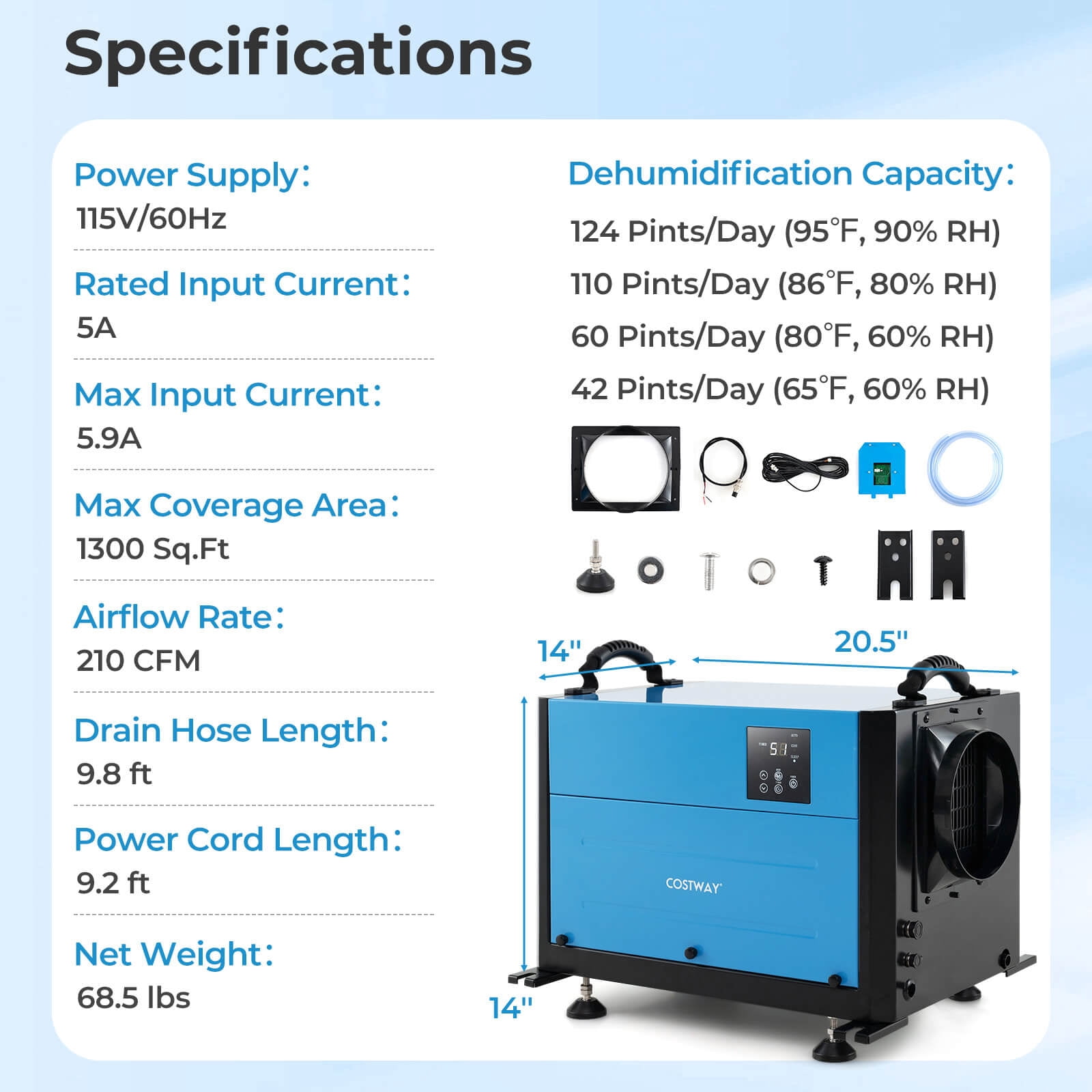 Costway 42 Pint(DOE) Crawl Space Dehumidifier Commercial Dehumidifier with 3 Modes & 24H Timer 1300 Sq. ft Coverage Area Blue (MAX 124Pint at 95°F, 90%RH)