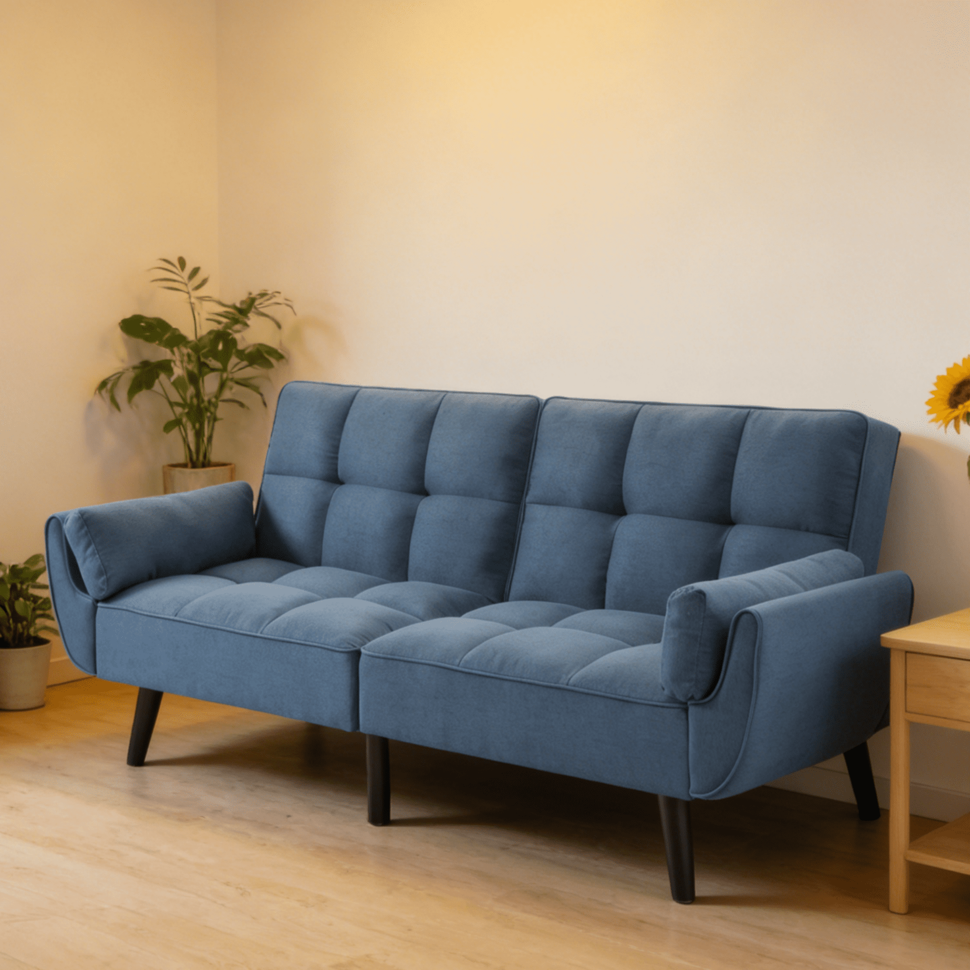 BSHTI 75.2" Linen Convertible Futon Sofa Bed with Split Back & 3-Position Adjustment, Tufted Design, Flared Arms, for Living Room & Guest Room,Blue