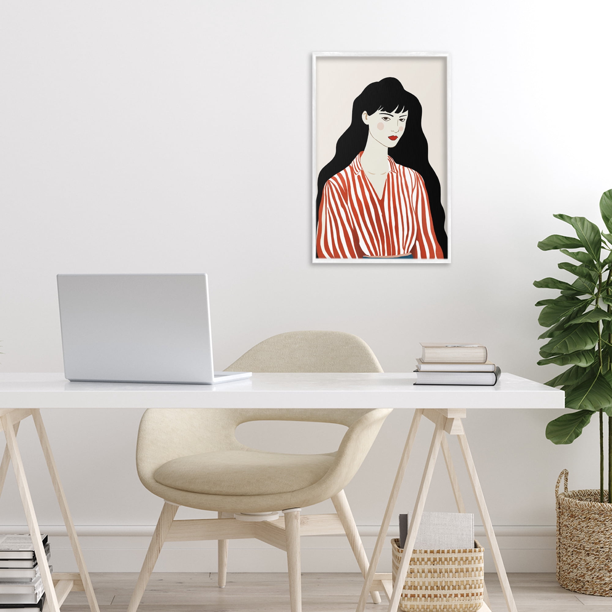 Stupell Industries Woman in Striped Blouse White Framed Giclee Art, design by Omar Escalante
