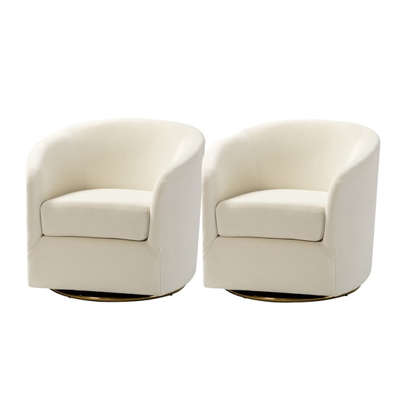 Velvet Swivel Barrel Chair Set of 2 Wood Frame Metal Base Upholstered Club Accent Armchair Ivory