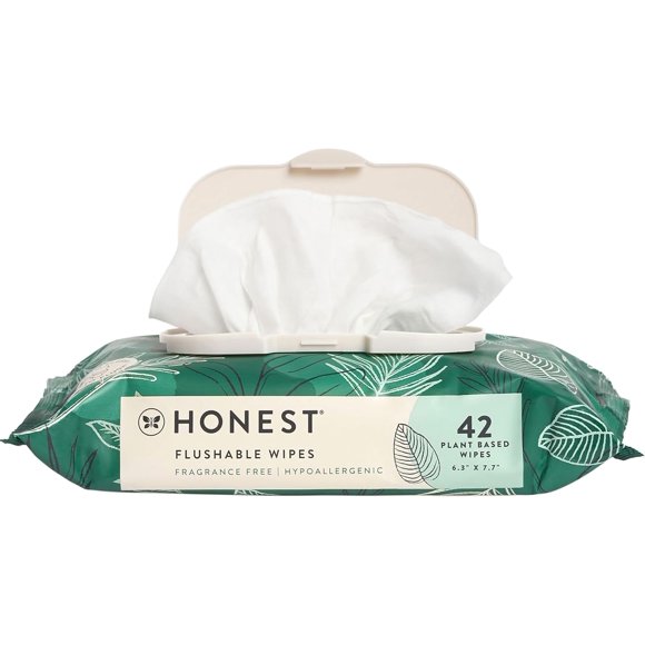 The Honest Company Plant-Based Flushable Wipes | 99% Water, Hypoallergenic, EWG Verified, Safe to Flush | Fragrance Free, 42 Count