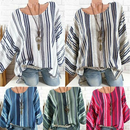 Long Sleeve Mandarin Collar Blouse - Plus Size Womens Long Sleeve Round T-Shirt Loose Collar Cotton Linen Tops Blouse