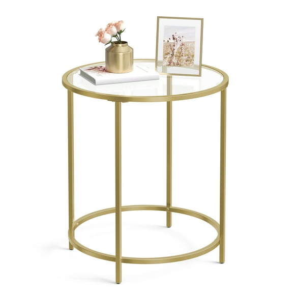 VASAGLE Round Side Table, Glass End Table with Steel Frame, Small Coffee Accent Table, Golden and Transparent