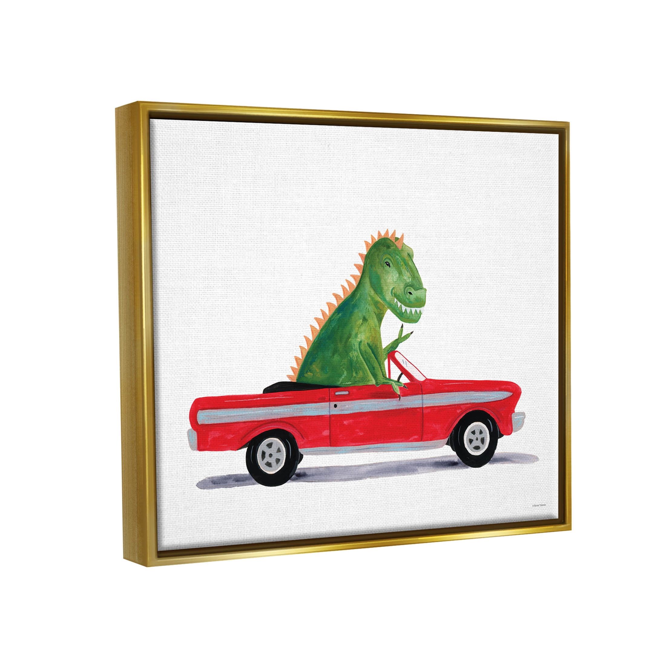 Dinosaur Monster Sports Car Fairy Tales & Fantasy Graphic Art Metallic Gold Framed Art Print Wall Art