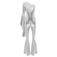 thumbnail image 3 of inlzdz Womens Shiny Metallic Disco Outfits One Shoulder Flared SlJumpsuits Silver XL, 3 of 5