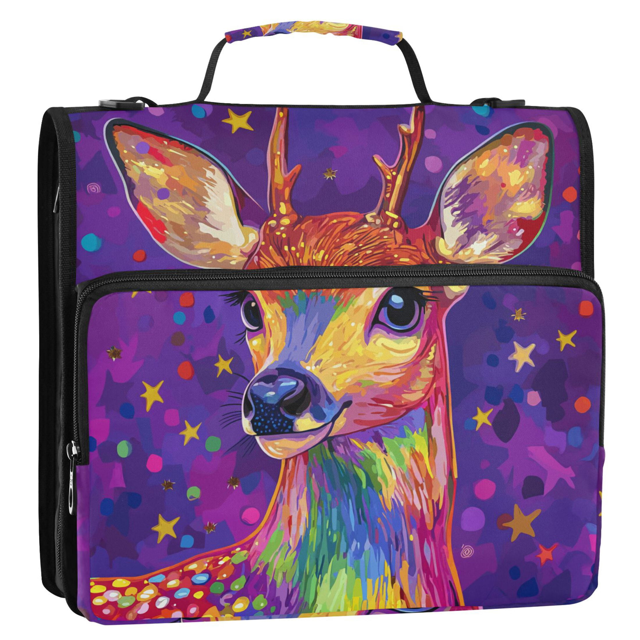 3 Ring Zipper Binder with Shoulder Strap Waterproof Trapper Keeper 2 Inch D-Ring 500 Sheets Capacity Cute Deer and Star