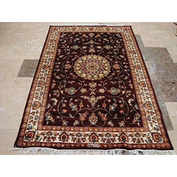 Ahmedani Linen Love Dark Mehroon Red Floral Adult Indoor Home Decor  Area Rug Hand Knotted Wool Silk Indoor Carpet (6 x 4)'